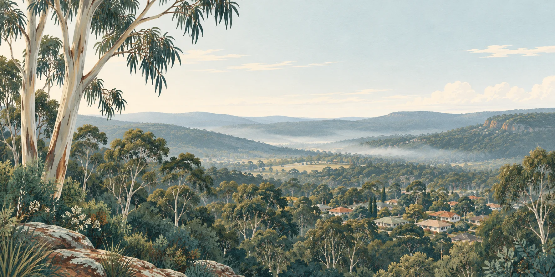 Conceptual illustration of eucalyptus bushland, houses at the forest edge and haze across distant hills.